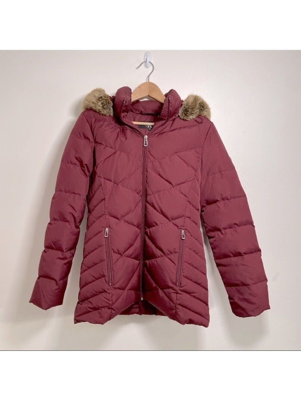 Calvin Klein Burgundy Down Puffer Coat Faux Fur Hood Small